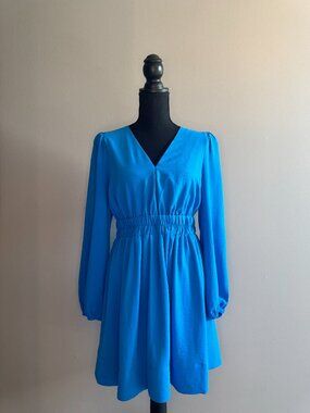 Women’s V-Neck Long Sleeve Ruffle Mini Swing Skater Medium Dress - 0335